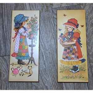 Patchwork 1970s Calico AMY Set of Two Wall Art Wood Plaques Vintage Cottagecore